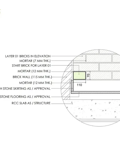A detailed section drawing showing the starting point for the brick feature wall, illustrating how the first layer of bricks is set upon the stone skirting and RCC slab.