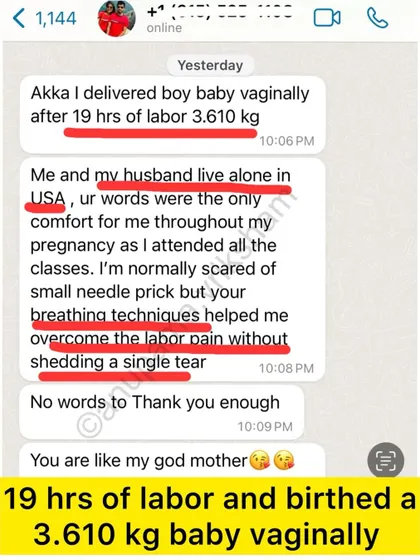 Another story from a couple living alone in the USA. My words and techniques were their "only comfort," helping the mother overcome the pain of a 19-hour labor and birth a 3.610 kg baby vaginally.