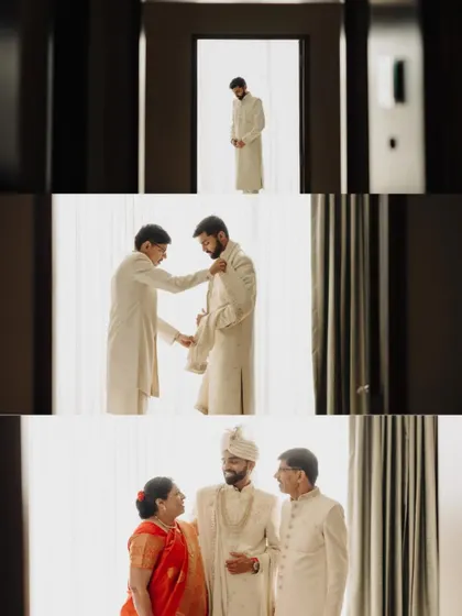 A collage of the groom getting ready with his father and sharing a moment with his parents, capturing the importance of family.