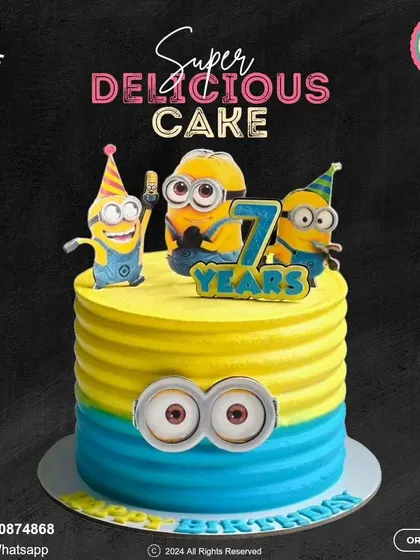 Bello! Celebrate a 7th birthday with this super fun Minions cake. The bright yellow and blue design is topped with three mischievous Minions ready to party, making it a hit with fans of all ages.