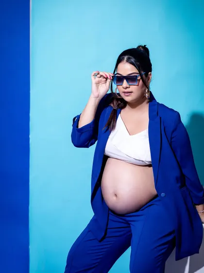 Who says maternity can't be fierce? This bold, color-blocked look with a power suit is for the modern mama who owns her style.