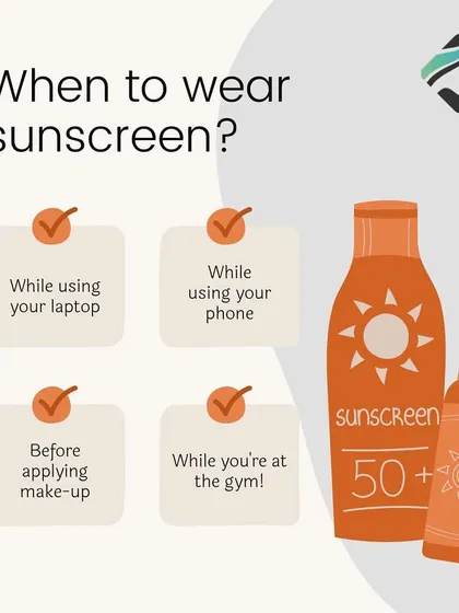 When should you wear sunscreen? The answer is always. This graphic reminds you to apply SPF even when using your laptop, before makeup, and at the gym to protect from UV and blue light.
