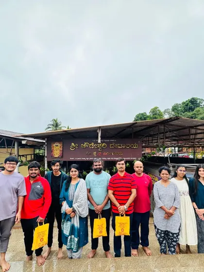 A group photo in front of the temple during our Kodachadri and Sigandur trip. We travel like one big family from Bangalore.