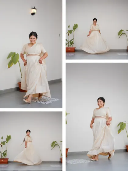 A collage showing the bride twirling and dancing in her beautiful white Haldi outfit.