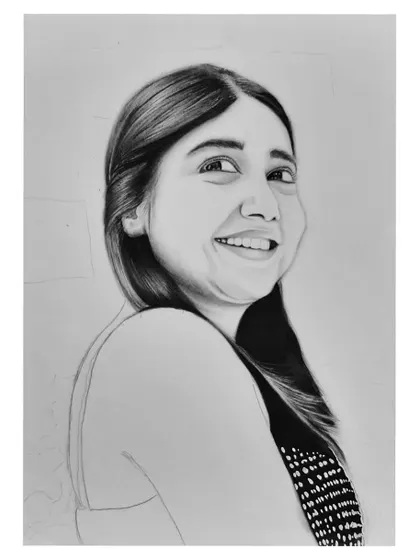 The step-by-step process of drawing Prajakta Koli. These images show how I build up the portrait from a simple outline to a fully rendered, smiling face.