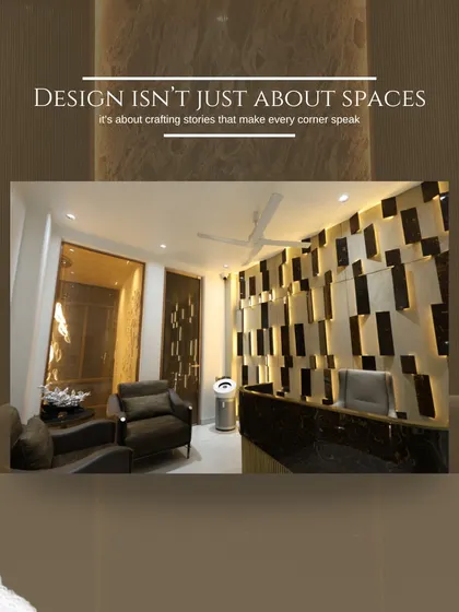 Design isn't just about spaces; it's about crafting stories. This reception area features a dramatic 3D wall panel in wood and stone, creating a powerful narrative from the moment you enter.