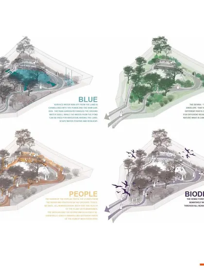 This composite image illustrates the four foundational layers of our 'Sacred Forest' design: Blue (water), Green (plants), People (experience), and Biodiversity (habitat). It shows how these interconnected systems create a single, resilient whole.