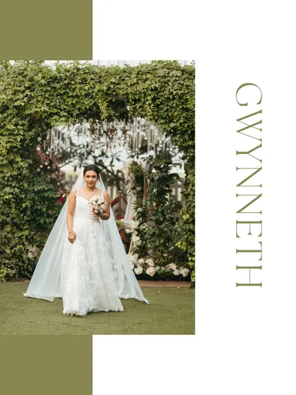 A full-length portrait of the bride in her white gown, framed by a beautiful green archway. A classic and elegant shot that highlights her grace.