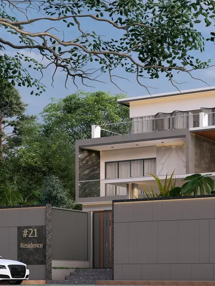 A daytime render of the 'Zen Oasis' residence. The design incorporates large balconies with glass railings to ensure unobstructed views of the surrounding landscape.