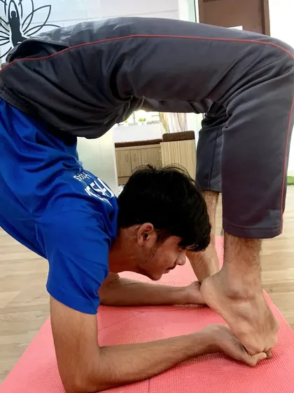 An intense forearm stand variation, this pose requires incredible back flexibility and upper body strength.