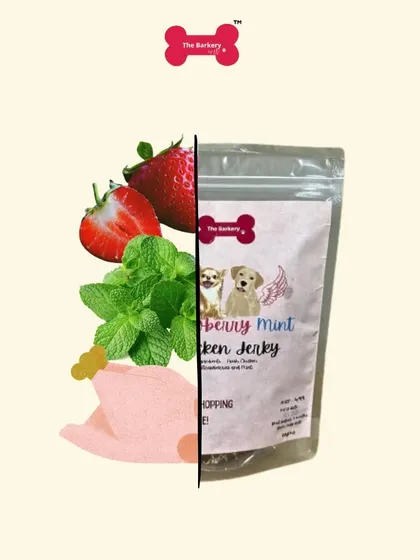 This image shows the real ingredients that go into my Strawberry Mint Chicken Jerky. On one side, you see fresh strawberries, mint, and chicken, and on the other, the final delicious product.