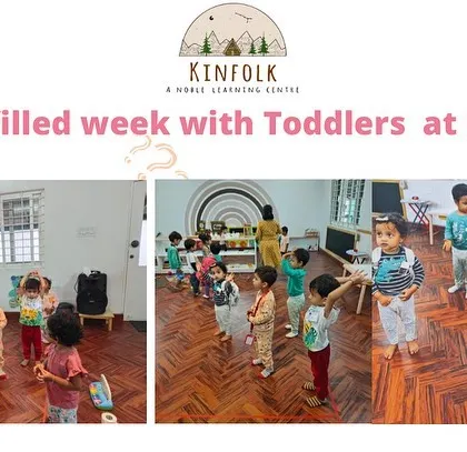 Our toddlers participating in a group music and movement session. These activities are essential for developing gross motor skills, rhythm, and social awareness.