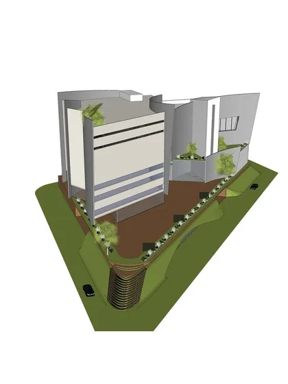 A 3d model of the concept, showing how the form creates a sheltered courtyard.