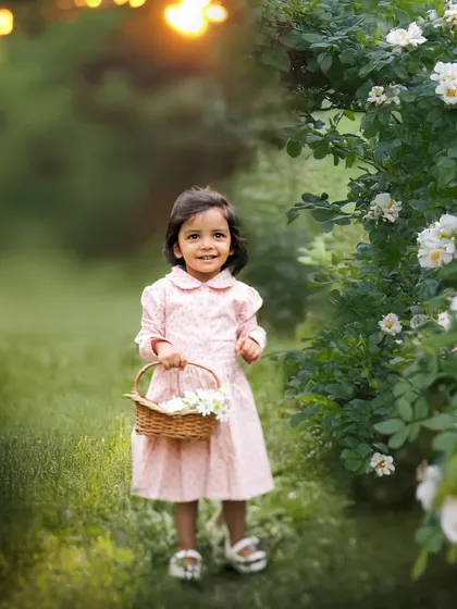 A little girl in a secret garden. This enchanting outdoor portrait captures a toddler holding a basket of flowers, with the golden sunset creating a magical glow behind her.