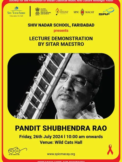 This poster is for a lecture-demonstration at the Shiv Nadar School. These "lec-dems" are highly interactive, allowing students to ask questions and get a closer look at the sitar and the art of improvisation.
