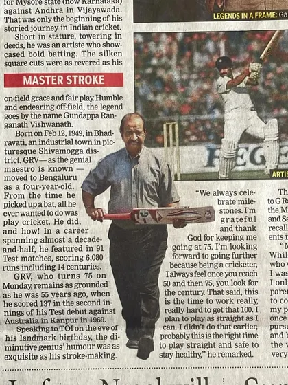 A newspaper article on GRV Sir, a living legend of the game. His perspective on milestones, aiming for a century even at 75, is truly inspiring for any athlete.