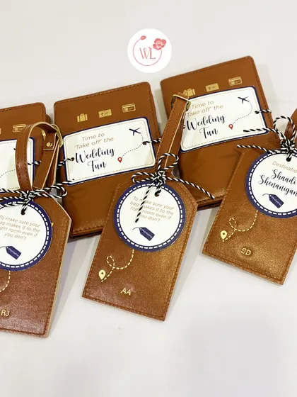 Personalized leather luggage tags with custom initials and a "Destination: Shaadi Shenanigans" tag. A perfect and practical gift for a destination wedding.