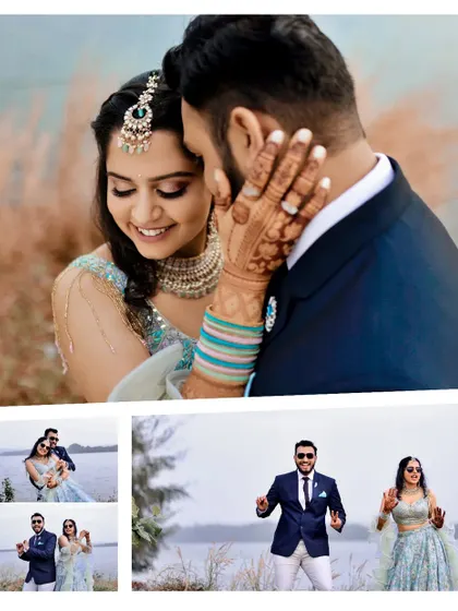 A collage from an engagement shoot, featuring a beautiful close up of the bride and fun, candid moments of the couple.
