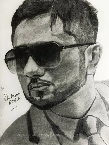 An early pencil drawing of rapper Yo Yo Honey Singh. This 2014 piece captures his iconic look with sunglasses and a cool demeanor.