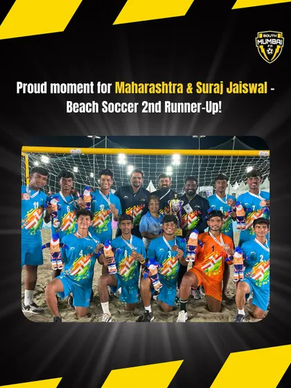 The full Maharashtra Beach Soccer team, led by our Head Coach, posing with their trophy. A proud moment for the state and for SMFA.
