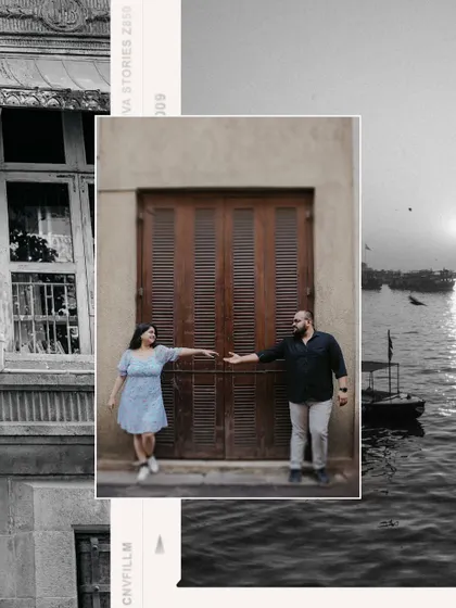 A creative collage blending a couple's portrait with architectural and landscape elements. This artistic composition is perfect for a unique pre-wedding announcement.