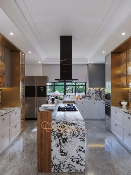 A full panoramic view of the kitchen, highlighting the symmetrical design, ample counter space, and high-end appliances that make it a chef's dream.