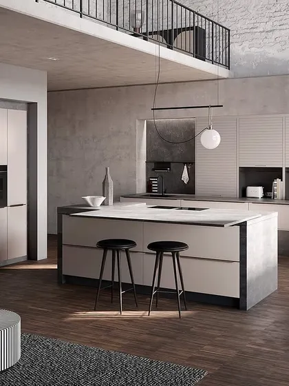 A swipeable image showing how a kitchen can be transformed with color. This version features soft, neutral beige-grey cabinets for a calm and sophisticated look.