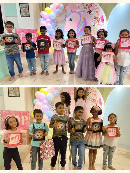 Birthday fun served on a tray! These kids are so proud of the trays they painted themselves. It's the coolest return gift ever, and a perfect example of our 'no plastic junk' philosophy.