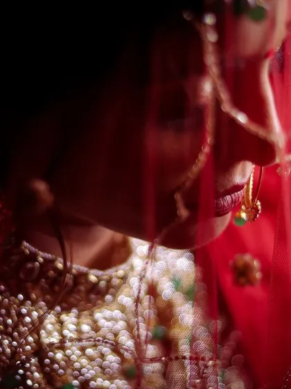An artistic close-up using the veil to create a soft, mysterious effect. This shot focuses on the delicate details of the bride's jewelry and the subtle emotion in her expression.
