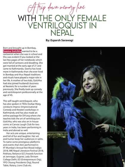An article from ECS Living magazine recognizing me as the only female ventriloquist in Nepal. It was wonderful to see my craft highlighted in such a respected publication.