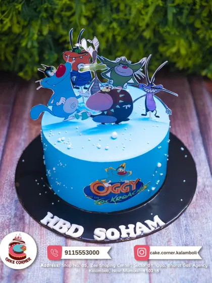 A fun Oggy and the Cockroaches cake for Soham's birthday. The bright blue design with all the characters is perfect for a fan of the chaotic cartoon.