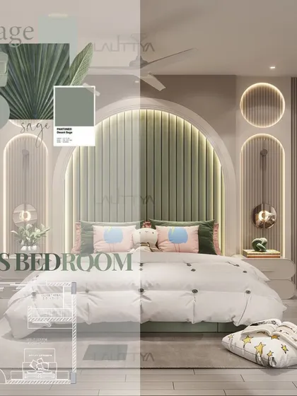 A beautifully appointed bedroom showcasing our signature style of quiet luxury. This space combines layered textures, a soothing color palette, and bespoke furniture to create a personal sanctuary for rest and relaxation.