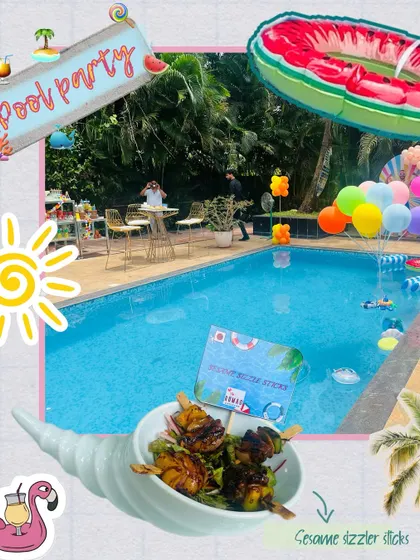 We bring the fun to any location, including this vibrant birthday pool party. The setup included colorful balloons, fun floaties, and delicious bites like these sesame sizzler sticks, perfect for enjoying by the water.