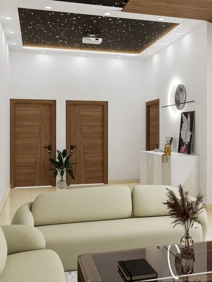 This unique 3D render showcases a bedroom with an integrated home theater system, including a ceiling-mounted projector and a starry sky false ceiling. It's the ultimate space for entertainment and relaxation.