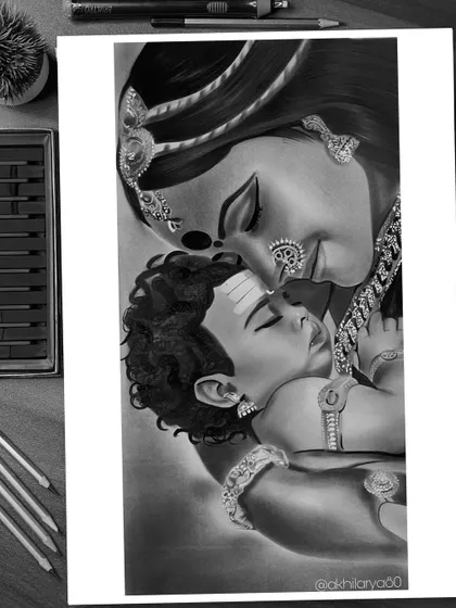 A touching charcoal drawing of Maa Yashoda holding baby Krishna. This piece captures the pure love between a mother and child within a divine context.