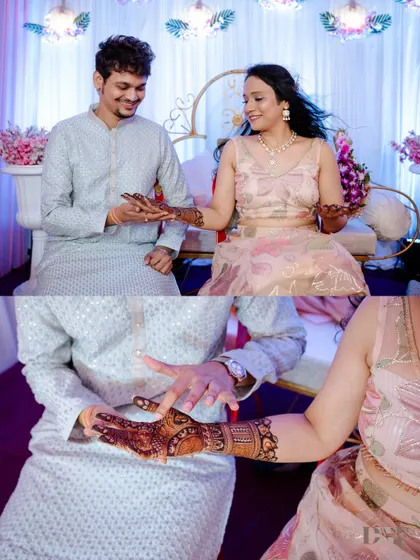 A collage from the Mehendi ceremony, showing the bride displaying her intricate henna design to her groom. A beautiful pre-wedding ritual.