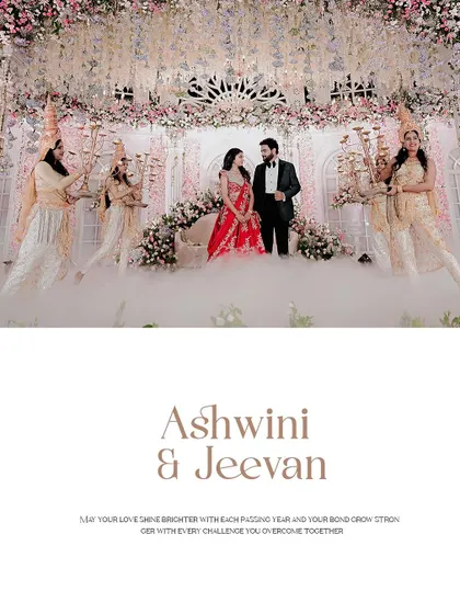 A magical shot of the couple on their beautifully decorated reception stage. Ashwini's look is timeless and elegant.