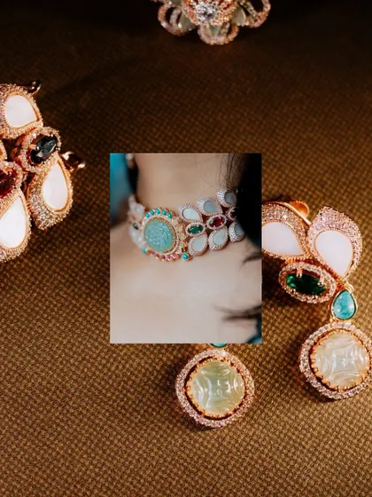 A collage showing the beautiful details of a modern bridal jewelry set.