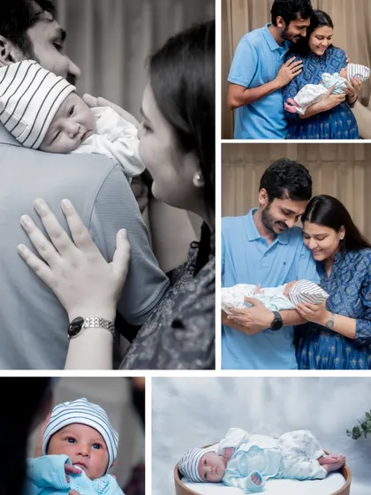 A collage showcasing the tender, intimate moments from a newborn session. We prioritize a safe and cozy environment to photograph your baby's first days, focusing on the emotional connection between parents and their new arrival.
