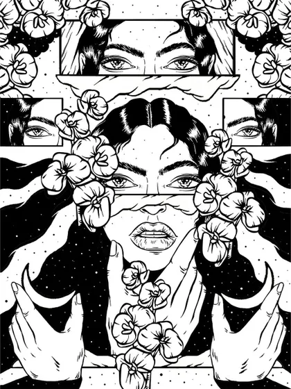 The original black and white ink drawing for 'The Feminine Gaze,' which formed the basis for the final colored artwork.
