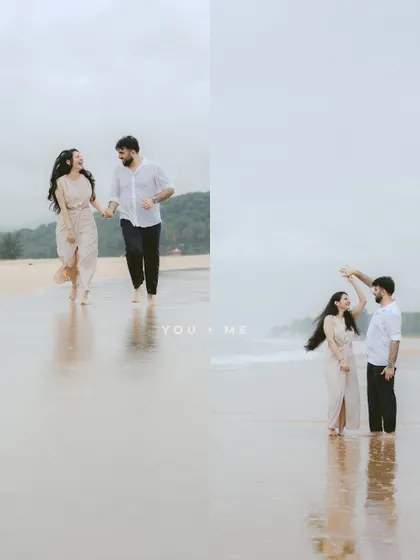 A collage showing the couple running and dancing on a wet beach in Goa, capturing their free-spirited and joyful connection.