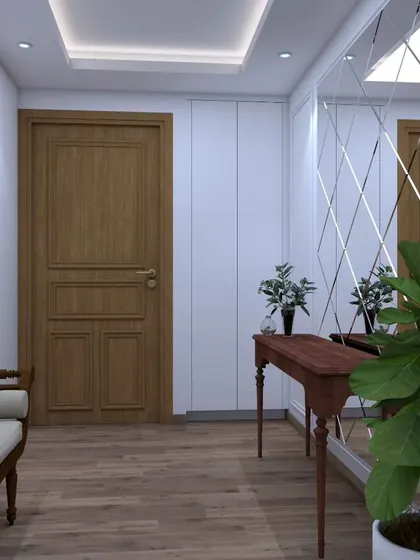 Another angle of the Gurugram hallway, showing the relationship between the wooden console, the diamond-patterned mirror wall, and the classic wooden door. The design is clean, bright, and inviting.