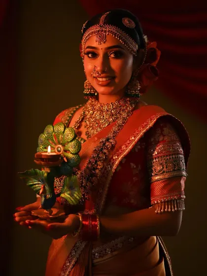 A smiling portrait that captures the festive spirit. The traditional headpiece and nose ring complete this classic South Indian look.