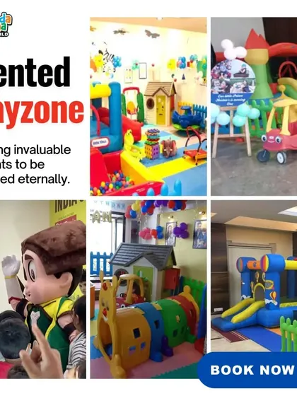 I offer personalized play areas for any celebration. This collage shows a variety of setups, including one with a Chhota Bheem mascot, perfect for making a birthday party extra special.