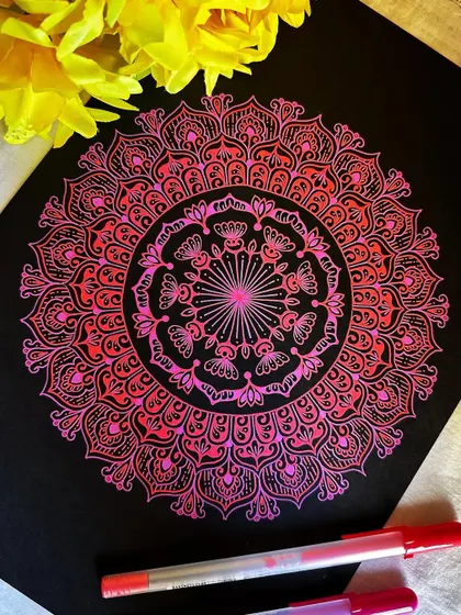 Another shot of this lovely pink mandala. The details are so fine, and the colors are just so joyful.