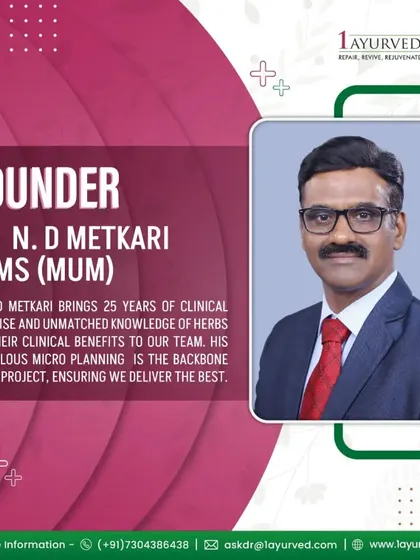 Meet our founder, Dr. N. D. Metkari. With 25 years of clinical expertise, his profound knowledge of medicinal herbs and their clinical benefits forms the backbone of our treatment protocols, ensuring every plan is effective and meticulously planned.