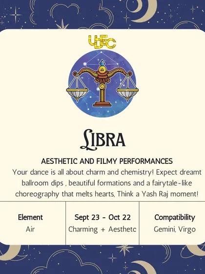 Libra: Aesthetic & Filmy Performances. Your dance is all about charm and chemistry. Expect dreamy ballroom dips and a fairytale-like choreography that melts hearts.