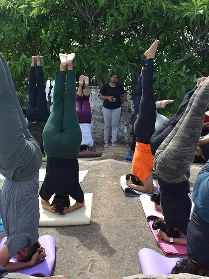 A line of headstands against a beautiful natural backdrop. Taking our practice outdoors adds a whole new level of challenge and joy.