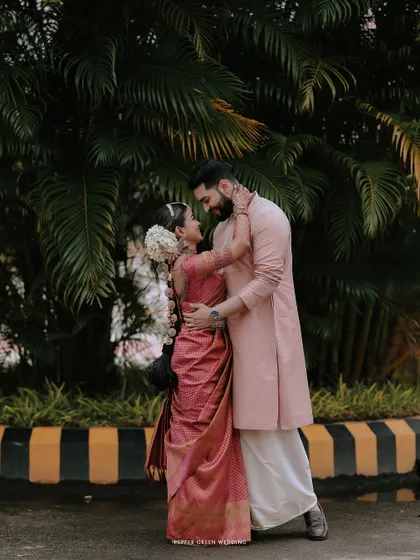 A romantic embrace, this portrait captures the couple's loving connection after their wedding ceremony.