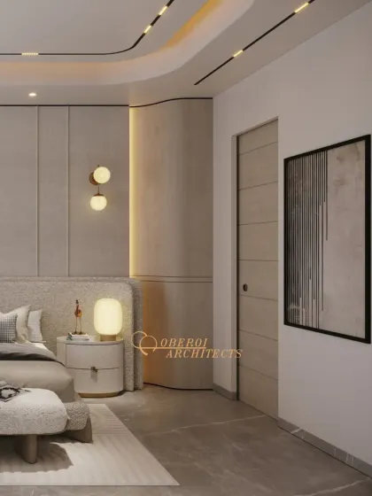 This view shows the seamless integration of the door and wall panels, creating a clean, uncluttered look that enhances the room's tranquil feel.